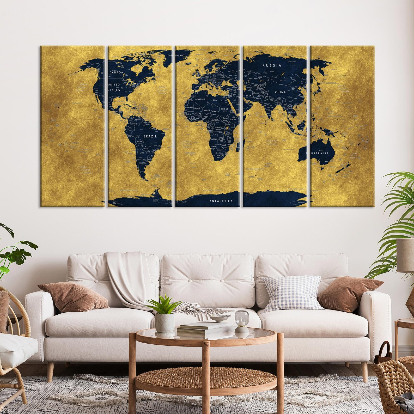 Large Canvas World Map in Yellow and Navy Blue Canvas Wall Art World ...