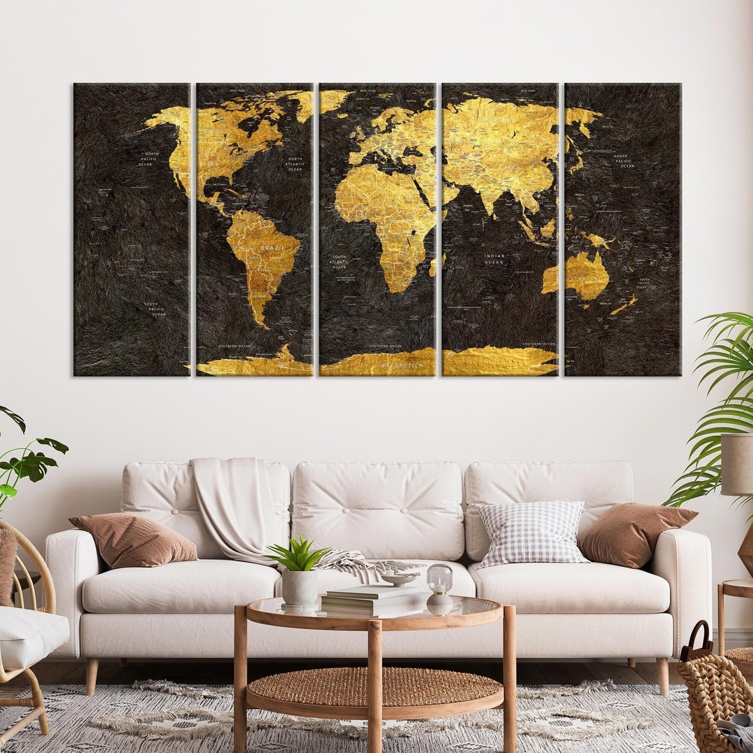 Large Canvas World Map in Black and Gold Canvas Wall Art World Map Push Pin Travel Map Large