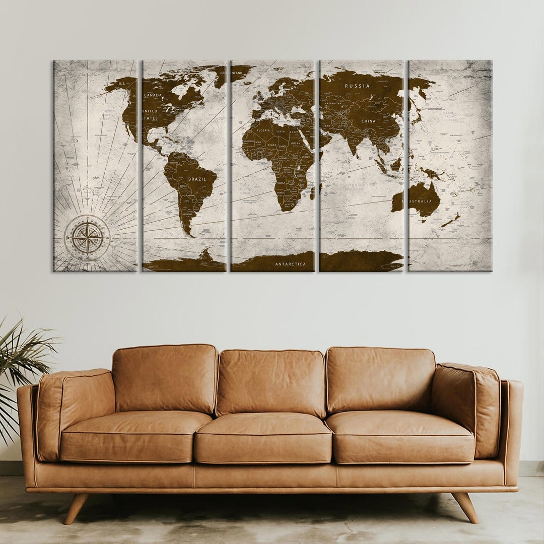 Earth Color Large Canvas World Map Canvas Wall Art World Map Push Pin 