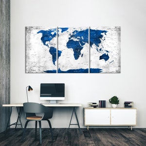 Große mehrteilige Weltkarte in blau auf Leinwand