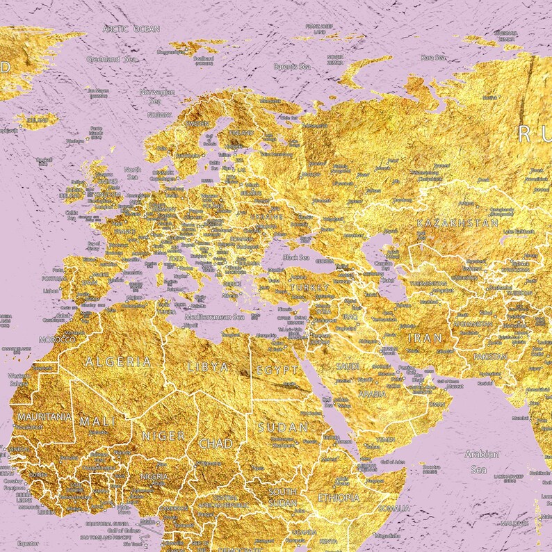 Large Canvas World Map in Pink With Gold Details Canvas Wall Etsy