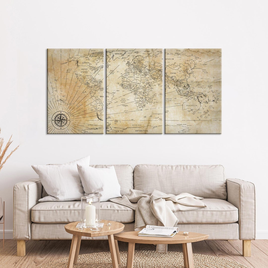 Line Art Large Canvas World Map Canvas Wall Art World Map Push Pin ...