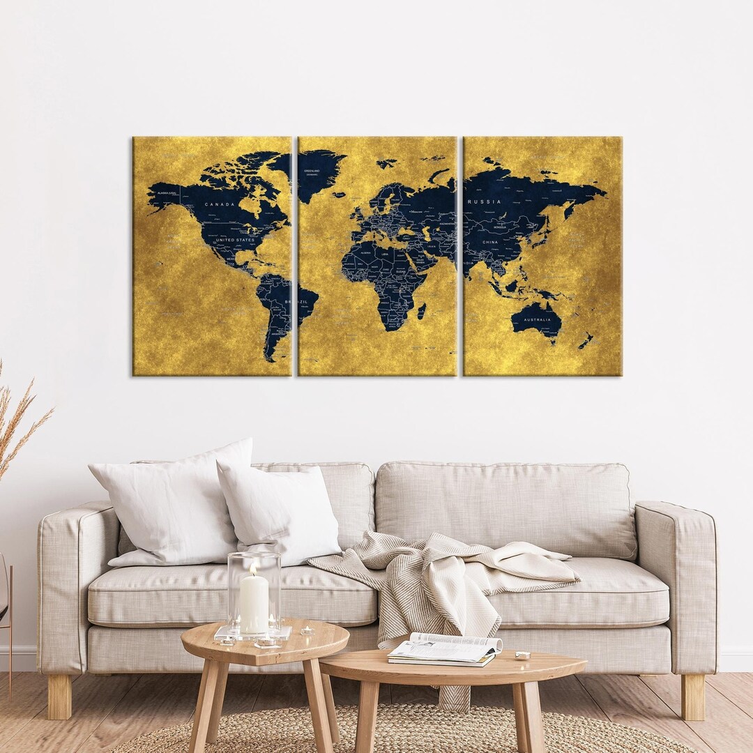 World Map Canvas Art, Push Pin Travel Map, Navy Blue and Yellow World