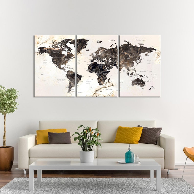 Large Canvas Map With Marble Texture, Push Pin Travel Map, World Map Canvas Art, World Map Wall