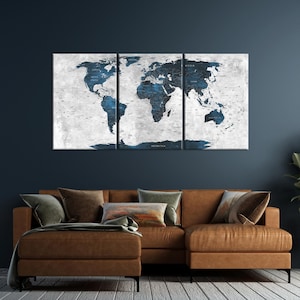 Weltkarte Wandkunst, Pinnwandkarte, Weltkarte in Blautönen, große Leinwand, Kunst, Haus, Büro, Wohnzimmer, Geschenk