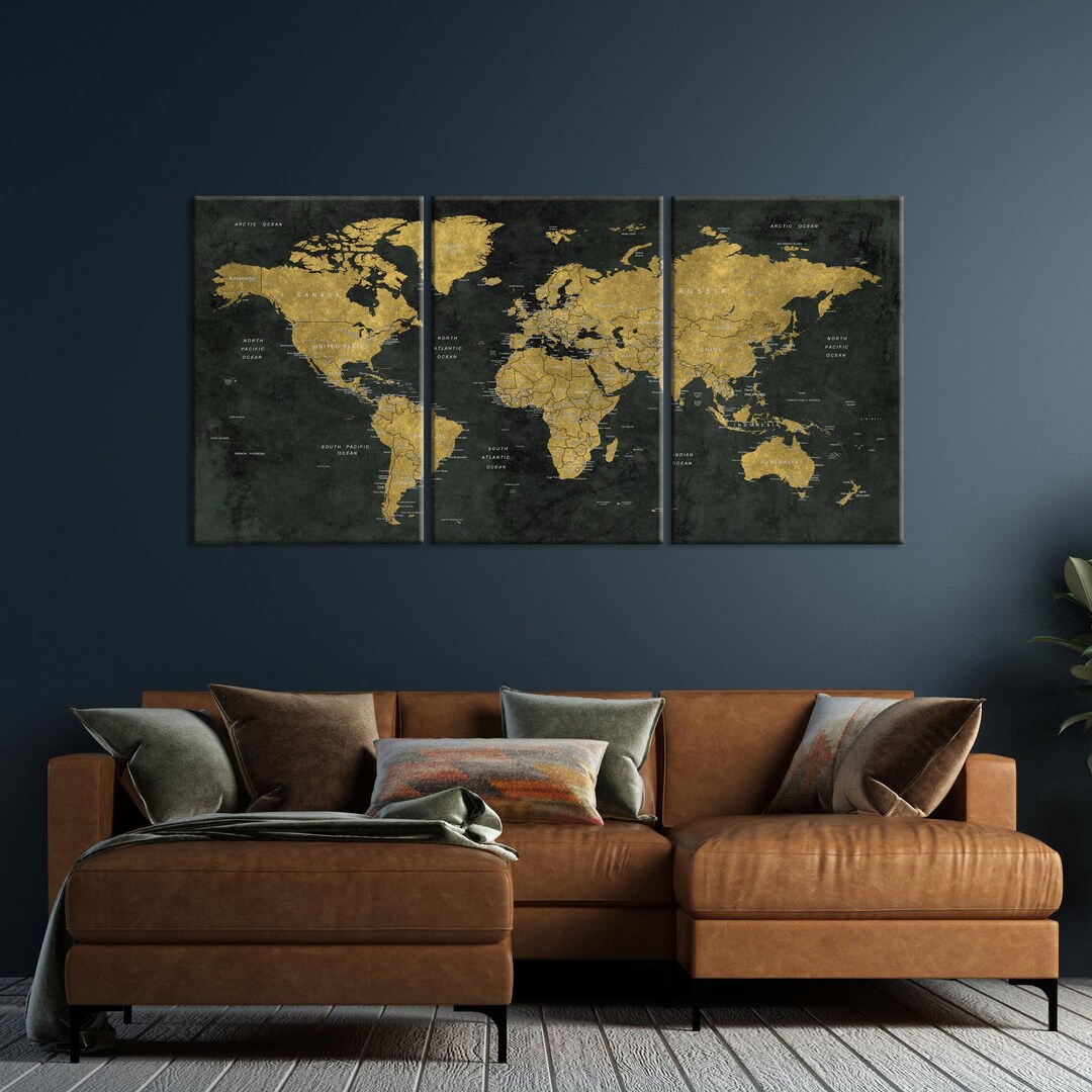 World Map Canvas Art, Push Pin Travel Map, Yellow and Green World Map ...