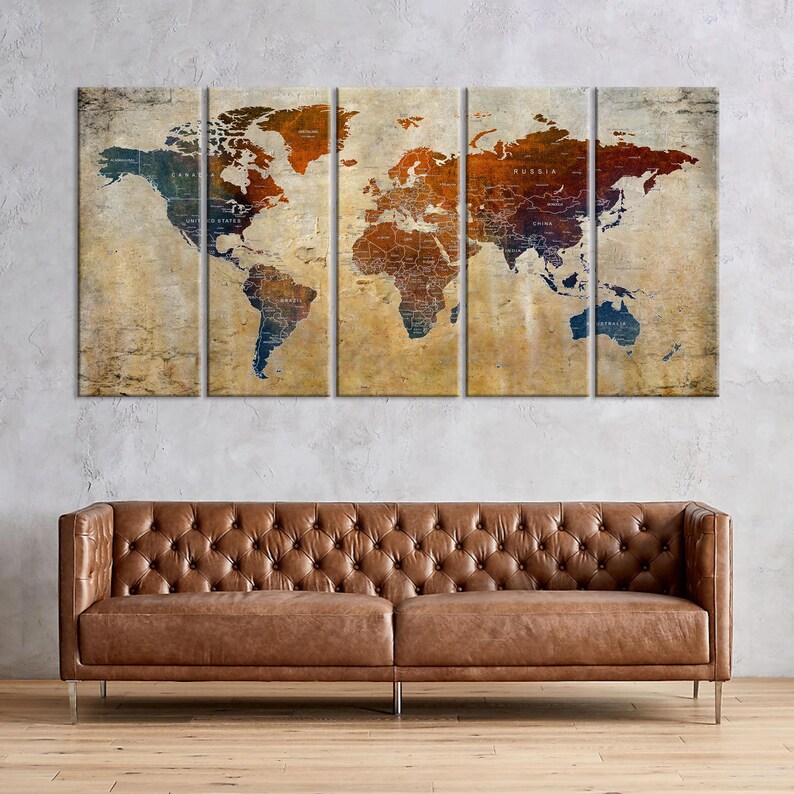 Large, Detailed, Push-pin World Map on Canvas in Green, Blue, and ...