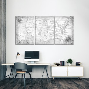 US Map Große Leinwand Wandkunst, Schwarz und Weiß Line Art Push Pin Reisekarte, US Karte mit Hauptstädten und großen Städten, Haus und Büro Dekor, Geschenk