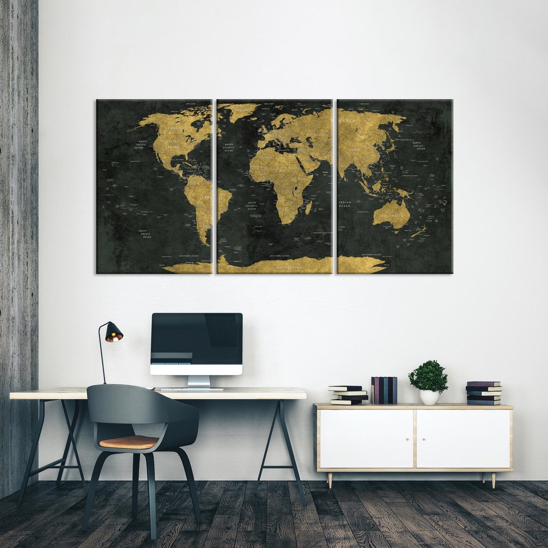 Large Canvas World Map in Yellow and Dark Green Canvas Wall Art World