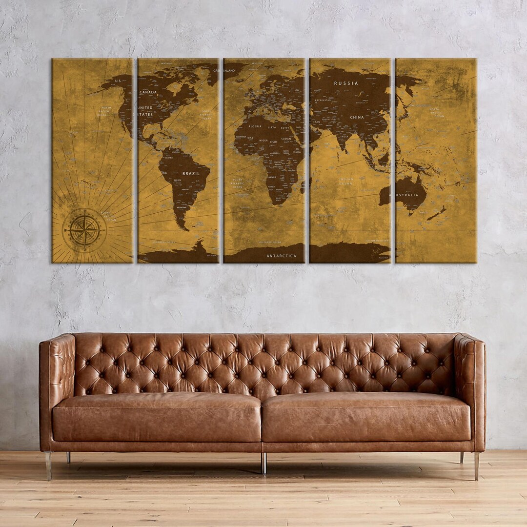 Large Canvas World Map Canvas Wall Art World Map Brown Push Pin Travel