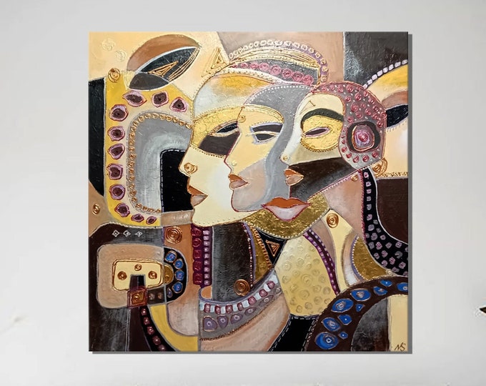 Featured listing image: Large Abstract Original Figurative Canvas Paintings Modern Fashion Gold Foil Picture for Living Room Decor Original Alien Painting Beige Art