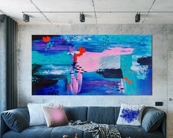 Large Original Texture Oil Painting On Canvas, Canvas Wall Art, Abstract Blue Minimalist Art Modern Living Room Wall Decor,Personalized Gift