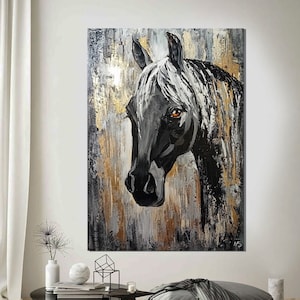 Black Horse Wall Art, Large Modern Black and White Original Painting, Abstract Horse Art, Large Horse Oil Painting, Handmade Painting