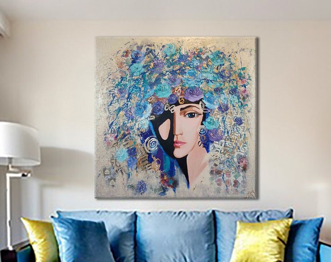Featured listing image: Abstract Woman Art Original Beige Painting Abstract Woman Portrait Texture Painting Feminist Art Living Room Picture Fine Art Abstract Art