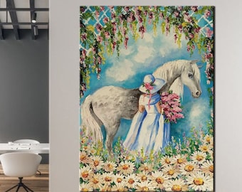 白い馬を連れた少女の油絵、キャンバスに描かれたオリジナルの乗馬