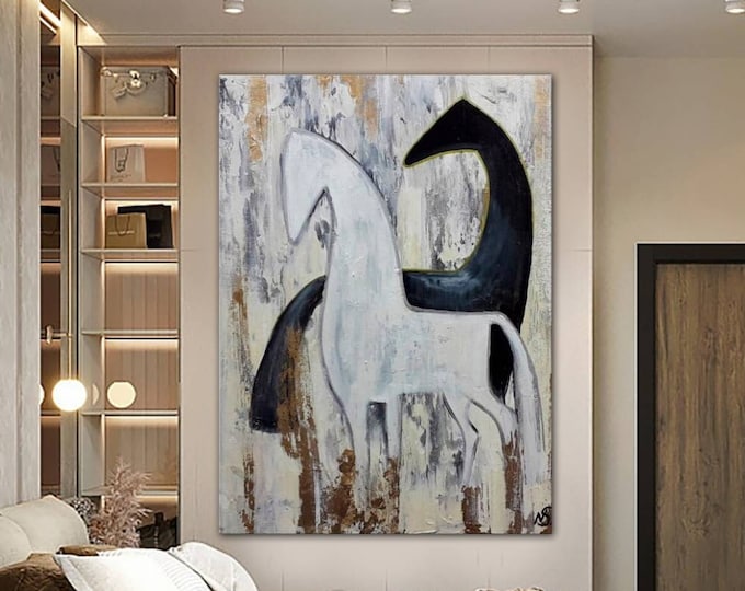 Featured listing image: Two Horses Oil Painting on Canvas Abstract Horse Love Painting Horses Art for Horse Lovers Black and White Modern Art for Wedding Couple