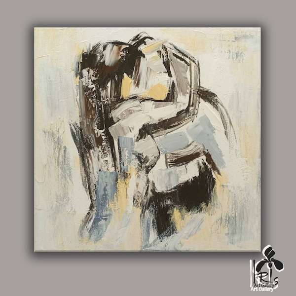 Peinture abstraite originale sur le mur, tableau beige, tableau texturé, tableau abstrait, couple d'amoureux de l'art s'embrassent