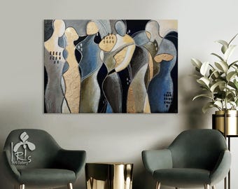 Abstracte figuren schilderij, moderne figuratieve kunst aan de muur, neutraal beigeblauw kunstwerk, minimalistisch interieur, getextureerd olieverfschilderij
