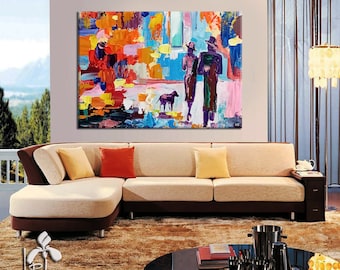 Abstract cityscape on canvas, romantic painting vibrant abstract wall art large figurative art, original abstract painting impasto painting