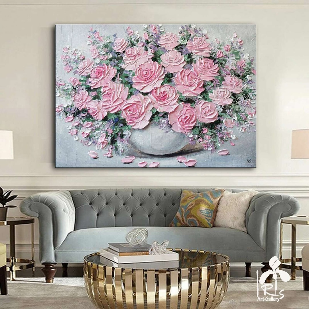 3D Textured Flowers Painting on Canvas Original Pink Rose Large Wall Painting Textured Acrylic