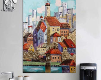 Colorful abstract city impasto painting, textured palette knife painting, handmade, thick paint, canvas, 3D, large size abstract painting