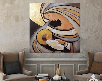 Original Textured Madonna and Child Painting, Contemporary Religious Gold Leaf Artwork