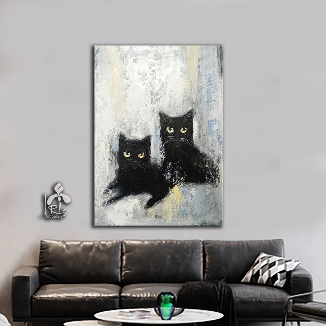 Boho Abstract Black Cats, Original Cat Painting, Cattery Cat Decor