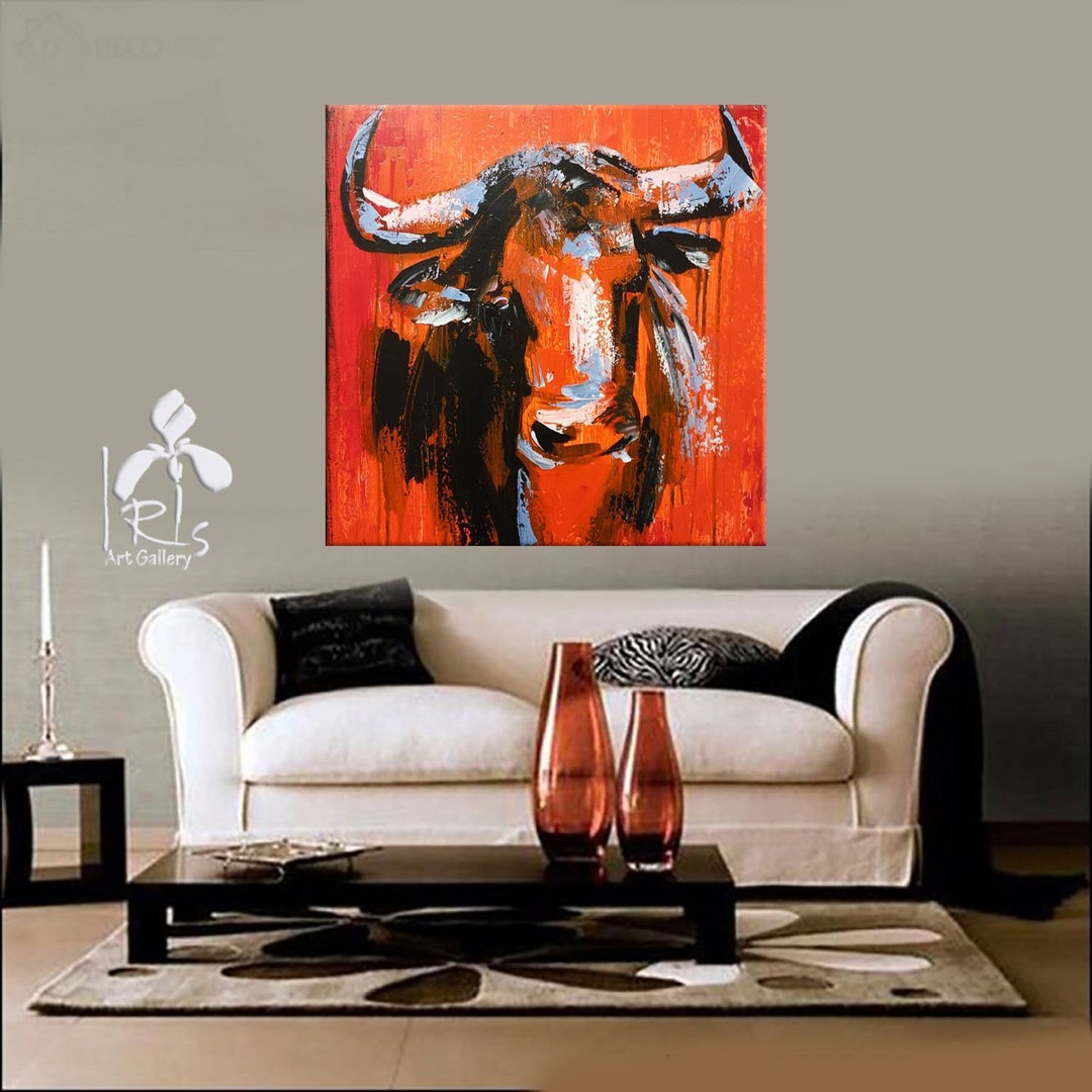 Bull Abstract Painting on Canvas Original Animal on Red Wall Art Home ...