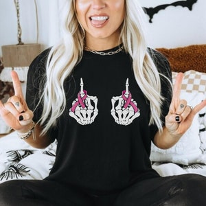 Skeleton middle finger cancer shirt Pink ribbon tshirt Breast cancer awareness month tee Halloween mom t-shirt Gift for cancer warrior