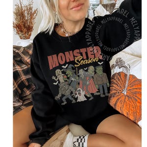 Retro Halloween Sweatshirt Monsters Sweater Horror Movie Vintage Graphic Spooky Season Gift for Him or Her Ghost Party Wear Fall Clothes image 6