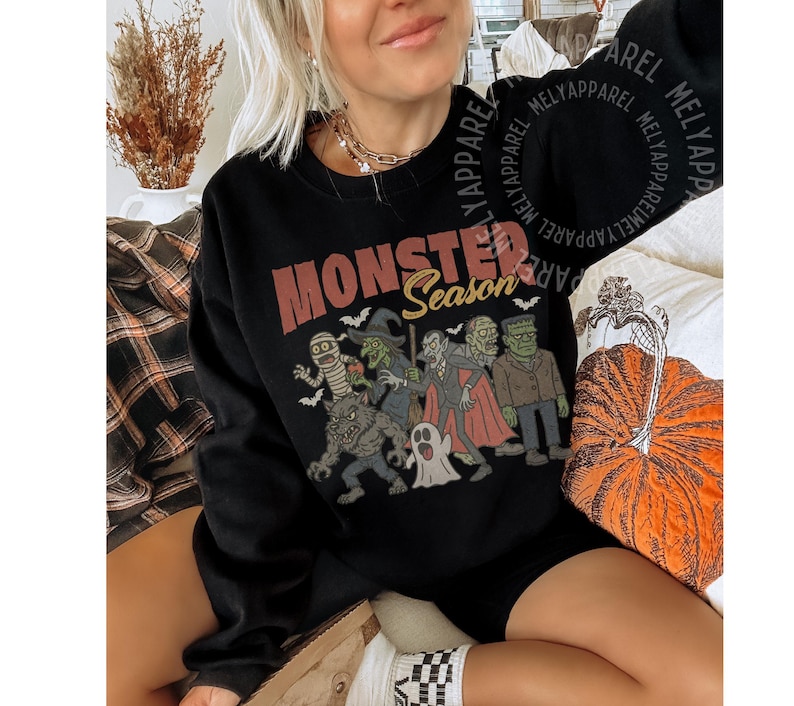 Retro Halloween Sweatshirt Monsters Sweater Horror Movie Vintage Graphic Spooky Season Gift for Him or Her Ghost Party Wear Fall Clothes image 6