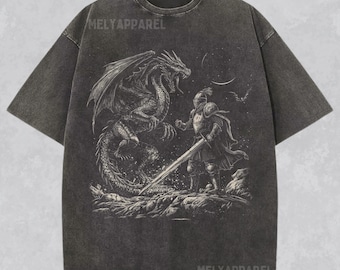 Dragon and Knight Shirt Dark Fantasy Graphic Comfort Color Tee Retro Crewneck Medieval Tshirt Bookish Boyfriend Gift for Him