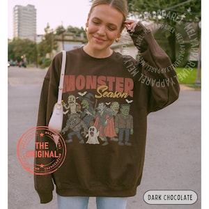 Retro Halloween Sweatshirt Monsters Sweater Horror Movie Vintage Graphic Spooky Season Gift for Him or Her Ghost Party Wear Fall Clothes image 2