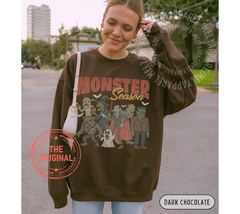 Retro Halloween Sweatshirt Monsters Sweater Horror Movie Vintage Graphic Spooky Season Gift for Him or Her Ghost Party Wear Fall Clothes image 2