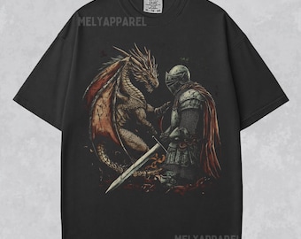 Medieval Dragon and Knight Shirt Retro Style Graphic Comfort Color Tshirt Boyfriend Gift for Him Dark Fantasy Crewneck Gothic Bookish Tee