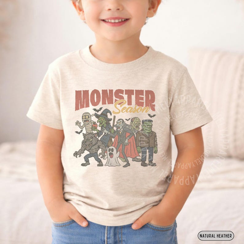 May include: A heather beige short-sleeve t-shirt featuring the text "MONSTER Season" in red and yellow. The graphic includes illustrations of a mummy, a witch, a vampire, a zombie, a werewolf, a ghost, and Frankenstein's monster in various colors.