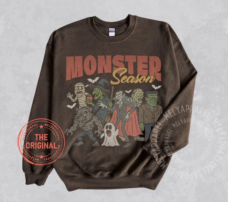 Retro Halloween Sweatshirt Monsters Sweater Horror Movie Vintage Graphic Spooky Season Gift for Him or Her Ghost Party Wear Fall Clothes image 1