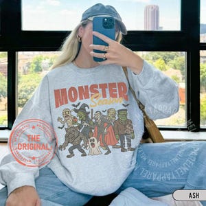 Retro Halloween Sweatshirt Monsters Sweater Horror Movie Vintage Graphic Spooky Season Gift for Him or Her Ghost Party Wear Fall Clothes image 4