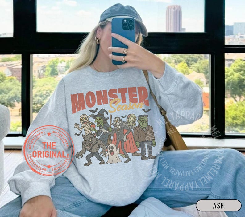 Retro Halloween Sweatshirt Monsters Sweater Horror Movie Vintage Graphic Spooky Season Gift for Him or Her Ghost Party Wear Fall Clothes image 4