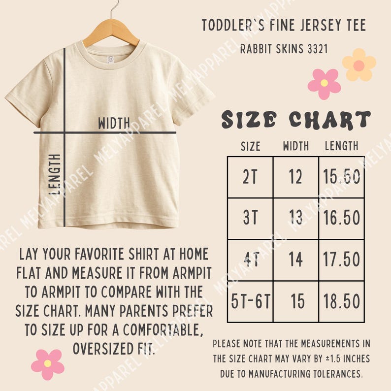 May include: A beige toddler fine jersey tee by Rabbit Skins 3321 displayed with a size chart. The chart lists sizes 2T through 5T-6T with corresponding width and length measurements in inches. Instructions for measuring a shirt are included.