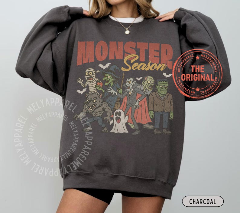 Retro Halloween Sweatshirt Monsters Sweater Horror Movie Vintage Graphic Spooky Season Gift for Him or Her Ghost Party Wear Fall Clothes image 3
