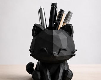 3D Printed Low Poly Cat Pencil Holder, Cute Desk Organizer, Pen Pot, Cat Lover Gift, Office Desk Accessory, Pencil Holder