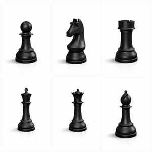 May include: A collection of six black chess pieces: a pawn, knight, rook, king, queen, and bishop. Each piece is rendered in a glossy finish against a white background, showcasing the classic design of the game.