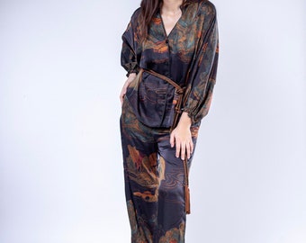 Moroccan Satin Self Ensemble, Set for Women, Vintage Print Suit with Wide-Leg Trousers, Bohemian Pants and Top Ensemble, Trousers and Shirt