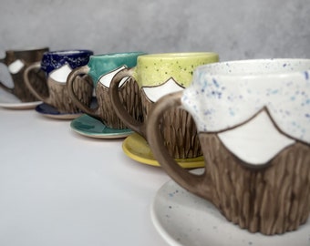 Handmade mug saucer set "Mountains", coffee cup, tea mugs, ceramic cup saucer set, ceramic cups, handmade mug