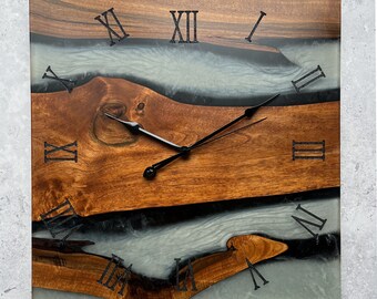 Wall clock handmade in wood and resin "Transparent river" 45 cm, epoxy resin clock, wall epoxy resin clock