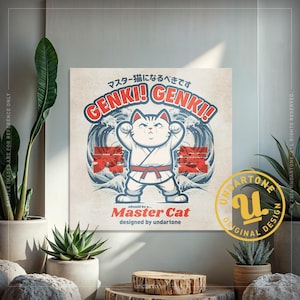 Genki Master KungFu Cat-cartoonposter | Leuke kattenposter | Schattige kattenposters | Schattige kattenkunst | Kawaii-anime kattenposter | Japanse stijl
