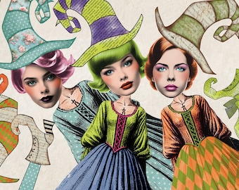 Quirky Witches Articulated PAPER DOLL, Altered Art Digital Collage Sheet, Junk Journal Pages Printable Vintage Whimsical Girl Faces, 9