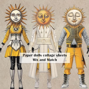 Op de afbeelding: Drie papieren poppen met zon-achtige hoofden, elk met verschillende gele en witte outfits. De poppen staan op een beige achtergrond. De tekst "Paper dolls collage sheets Mix and Match" staat onderaan de afbeelding.