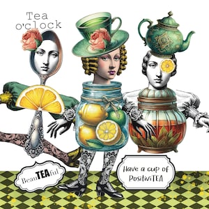 Tea Time Whimsical Paper Doll Collage Sheet, Articulated paper doll digital altered art, Digital collage sheet junk journal page scrapbook